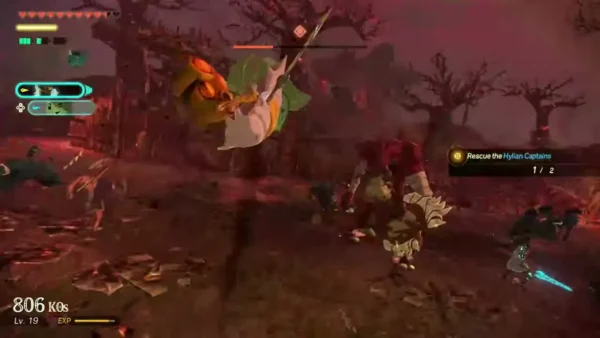 Warriors cut down a horde of monsters on the burning field of The Howling Tempests