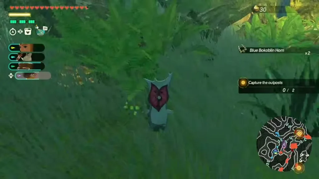 A Korok hides in tall grass during a battle