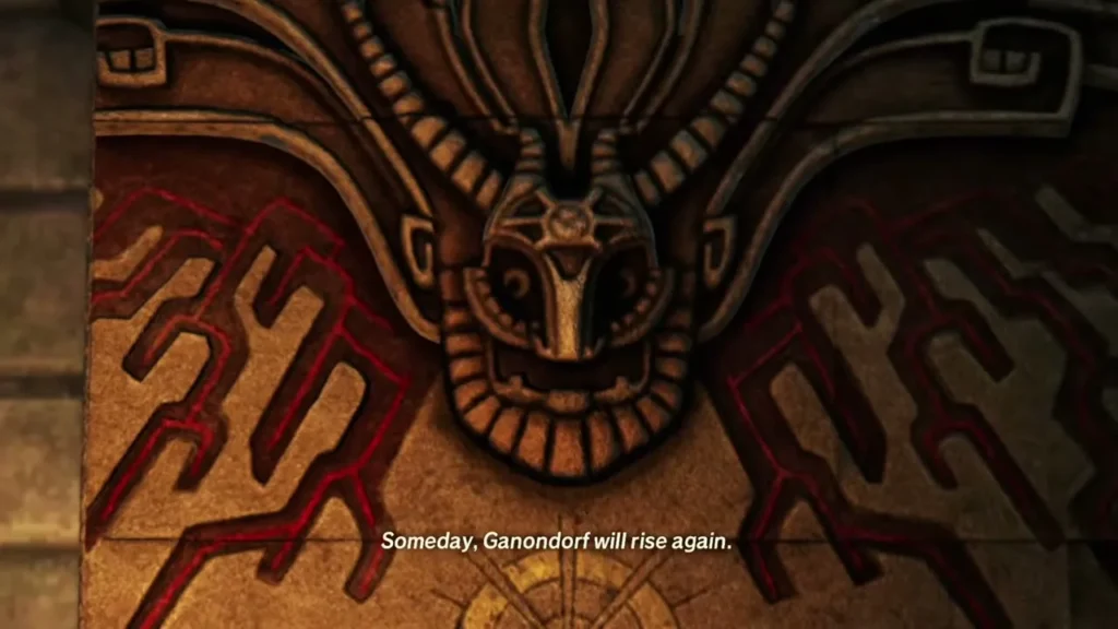 A mural of Ganondorf in Lenalia's murals with the line that he will rise again
