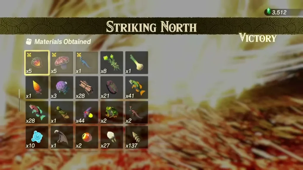 The Materials Obtained screen after Striking North lists a full grid of materials