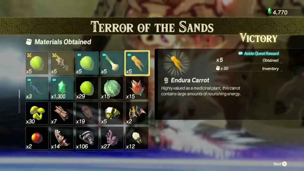 The Materials Obtained screen after Terror of the Sands lists food and crafting materials in a grid