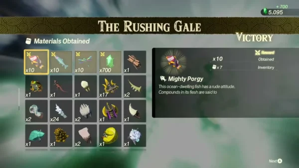 Mighty Porgy is highlighted among the materials obtained after The Rushing Gale