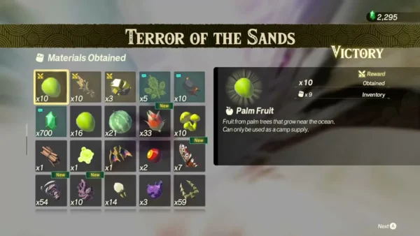 Palm Fruit is highlighted among the materials obtained after Terror of the Sands