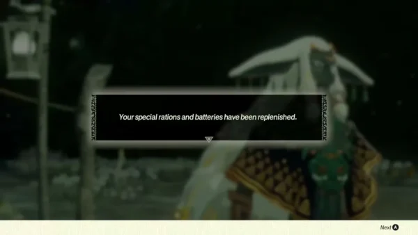 The camp message says special rations and batteries have been replenished