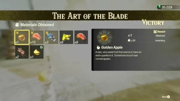 Two cuts of raw meat sit beside a Golden Apple on the Art of the Blade materials screen