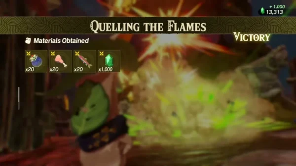 Raw meat and other materials are listed on the Quelling the Flames results screen