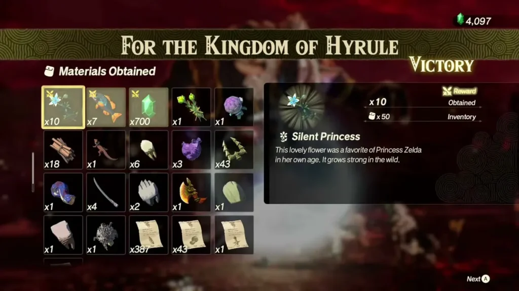 Silent Princess is highlighted among the materials obtained after For the Kingdom of Hyrule