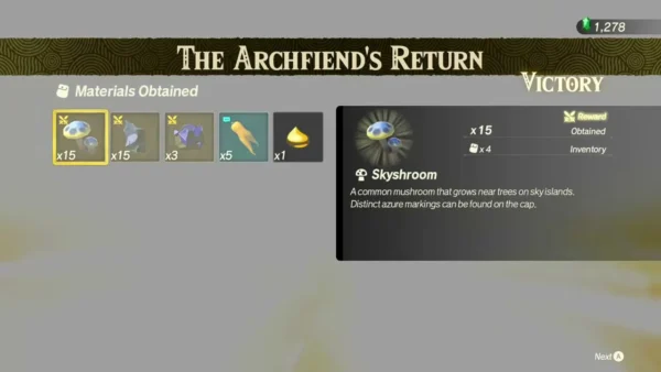 Skyshroom is highlighted among the first-clear materials of The Archfiend's Return