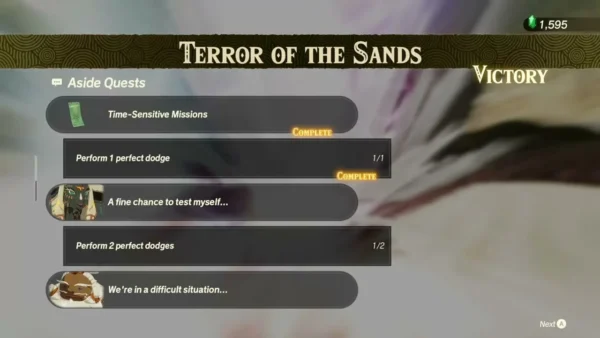The Terror of the Sands results show a Time-Sensitive Mission marked Complete