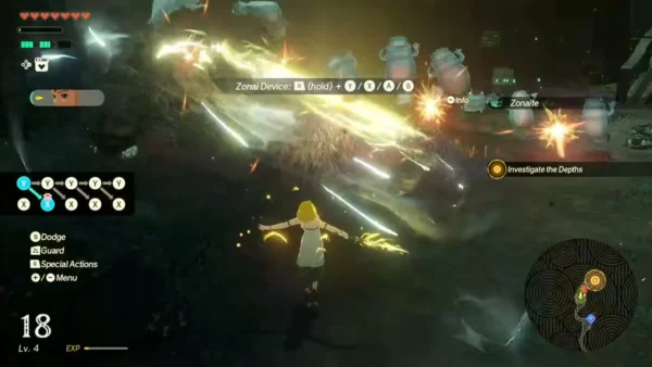 A Zonaite pickup appears while Zelda sweeps enemies aside in the Depths
