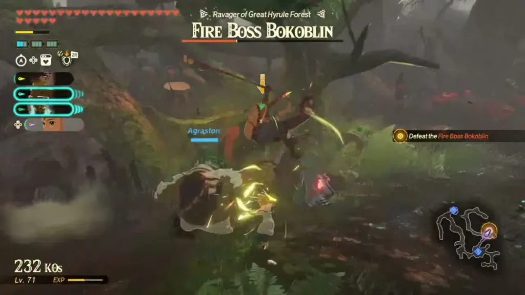 Agraston strikes the Fire Boss Bokoblin in the misty forest