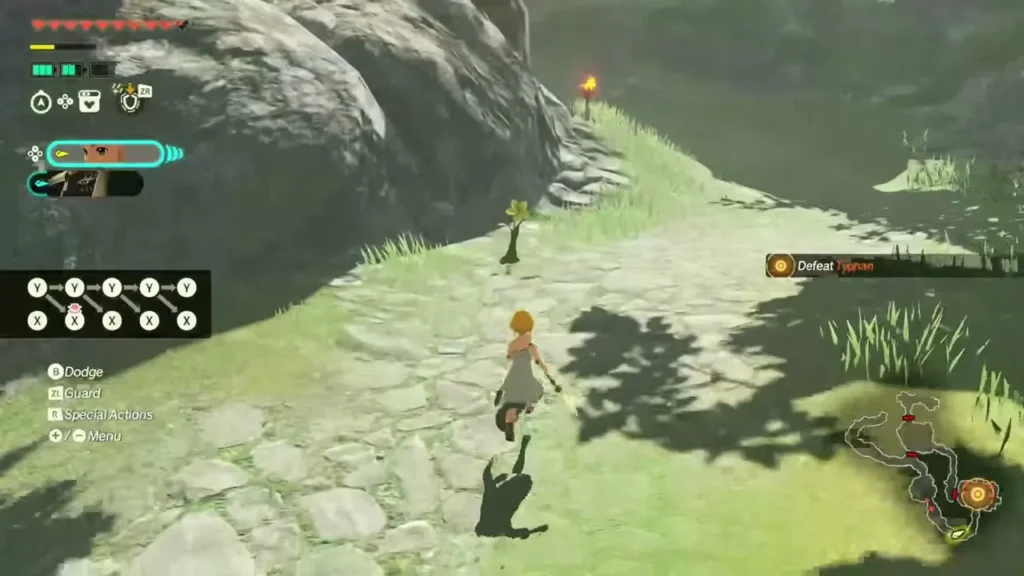 Zelda runs along the stone path toward a yellow Korok flower beside the rocks