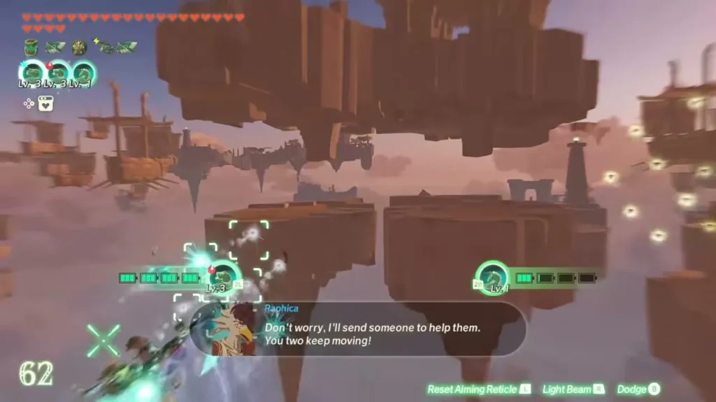 The Knight Construct flies between floating islands toward rings of glowing yellow circles
