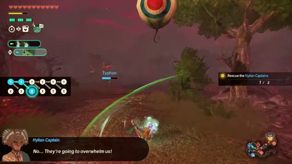 A red Korok balloon floats above a tree in the burning fields as Zelda draws a bow