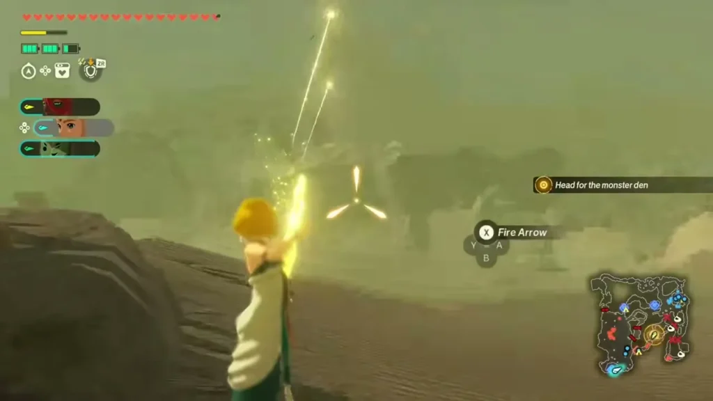 Zelda draws a bow on a Korok balloon floating over the desert sand