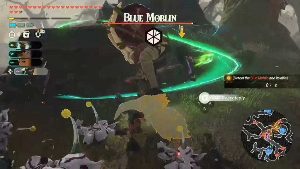 The party slashes the Blue Moblin in the eastern Hyrule forest