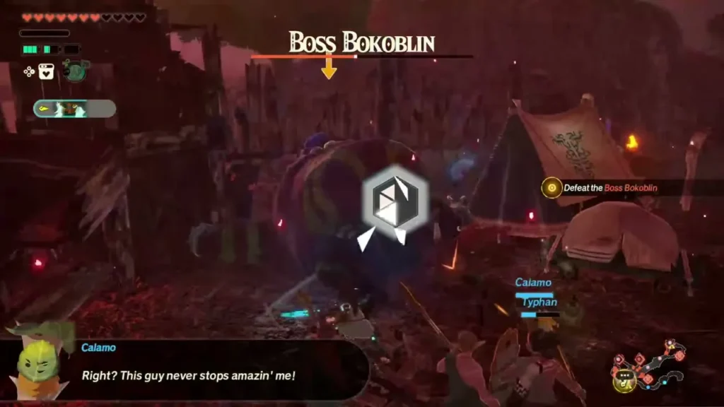 Calamo and Typhan fight a Boss Bokoblin beside a camp