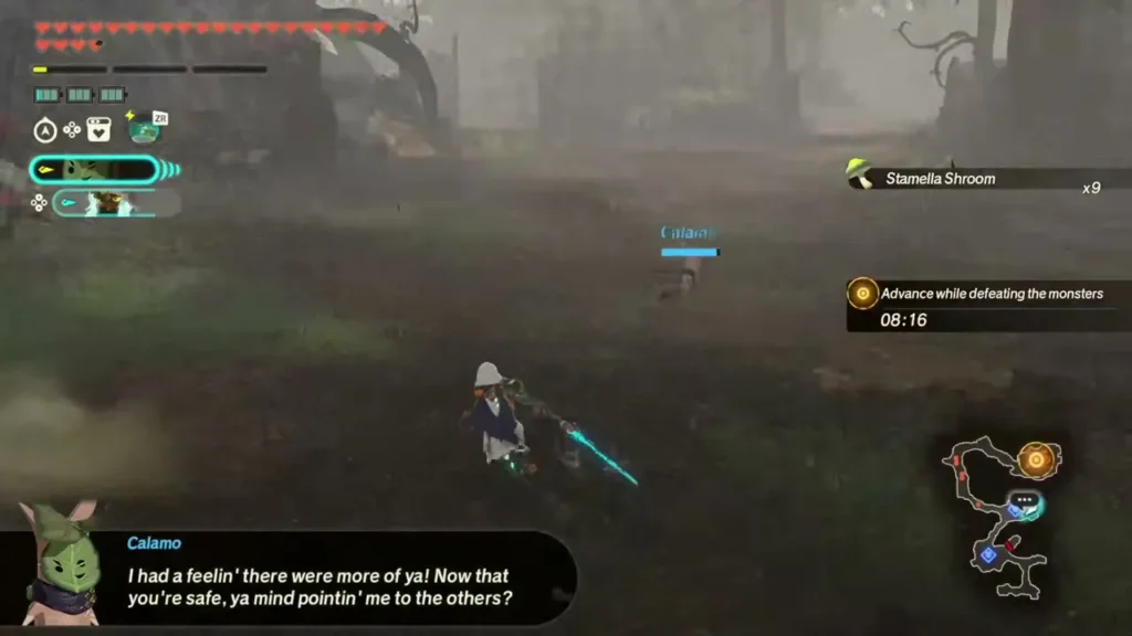 Calamo reassures a Korok found in the misty Great Hyrule Forest