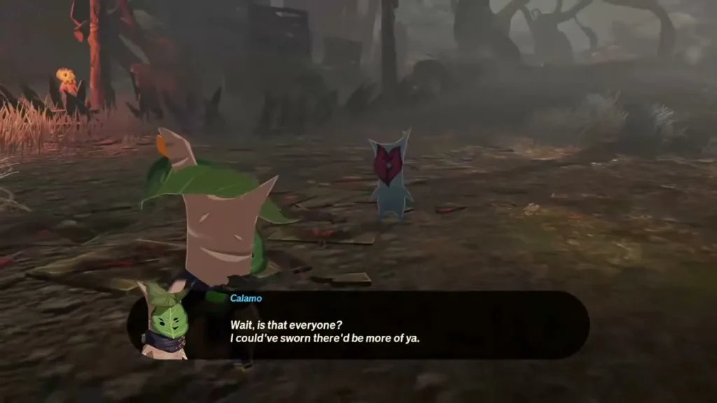 Calamo talks with a Korok he has found in a scorched forest