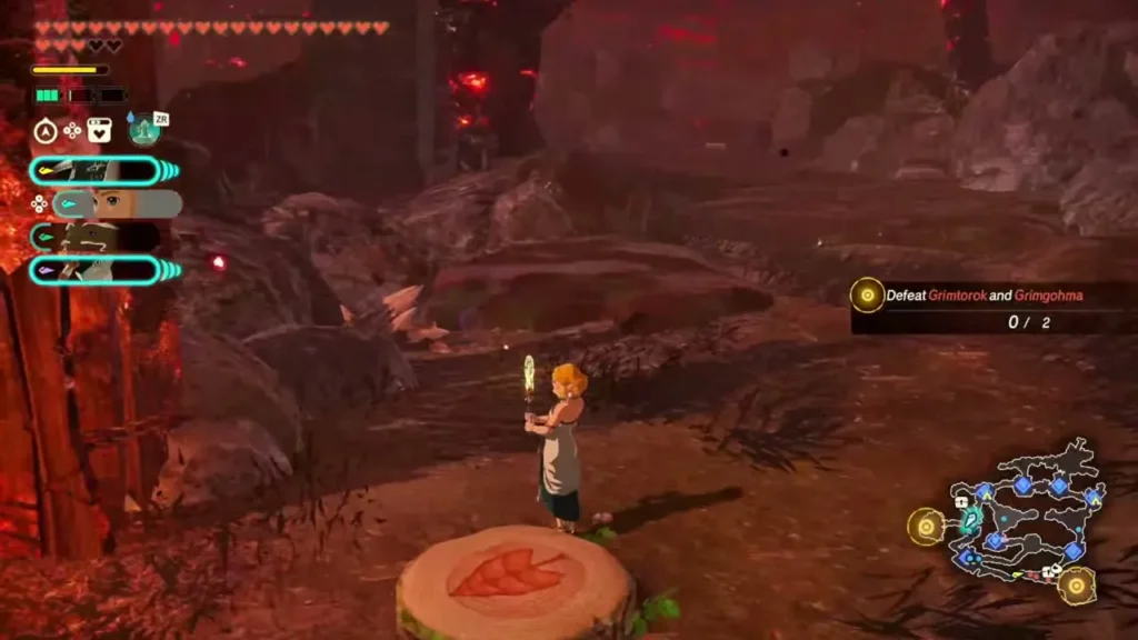 Zelda stands by a Korok stump with a leaf mark after the sludge has been washed off