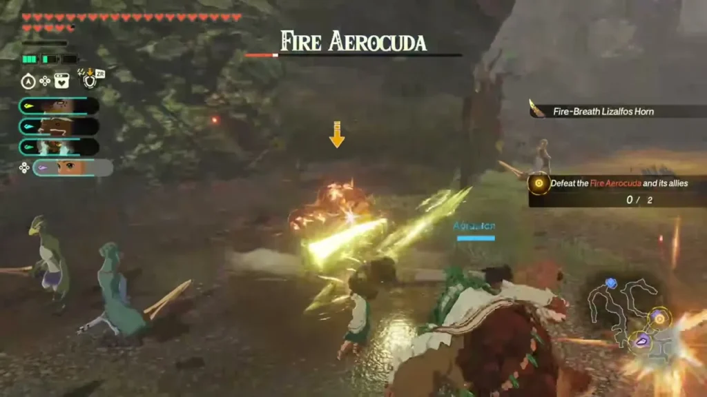 Agraston and an ally fight a Fire Aerocuda in the western Hyrule forest