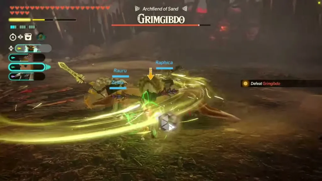 Zelda, Rauru and Raphica fight Grimgibdo during Fire and Sand