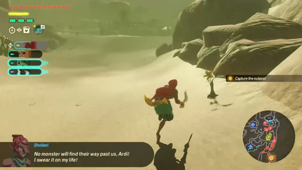 Ardi runs past a yellow Korok flower beside the rocks on a desert path