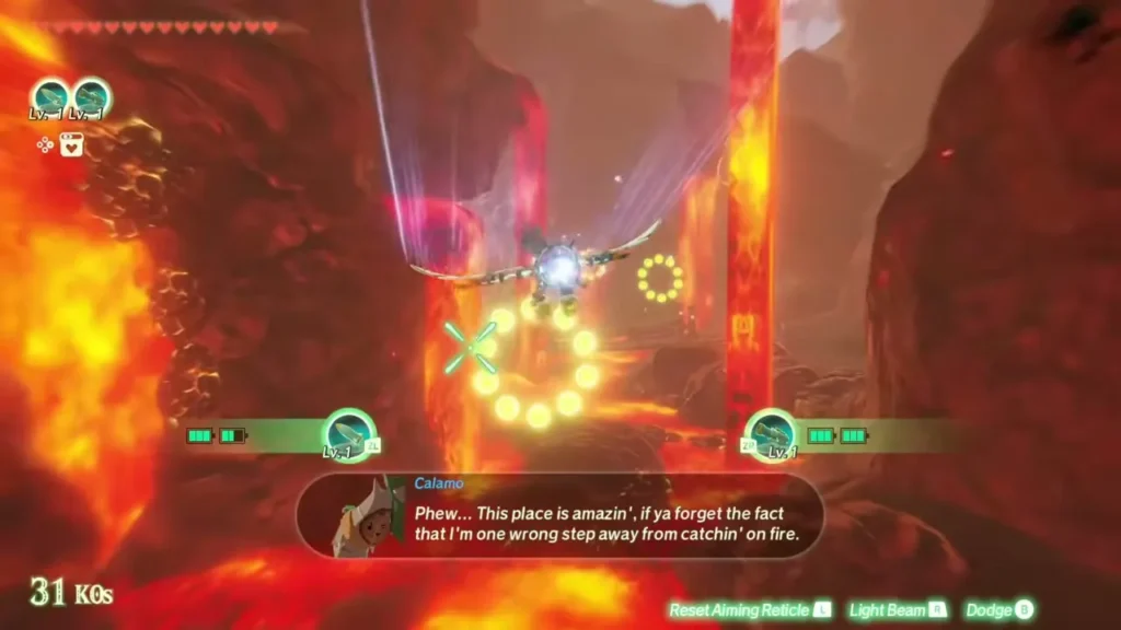 The Construct flies through a circle of yellow rings in the lava canyon