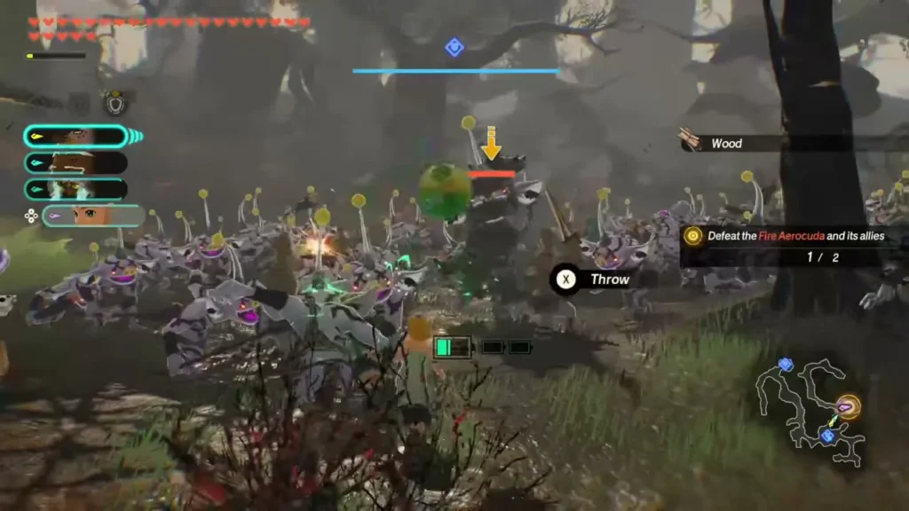 A horde of monsters swarms around a Fire Aerocuda in a forest challenge