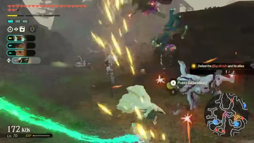 Warriors strike a Blue Moblin in a Great Hyrule Forest challenge