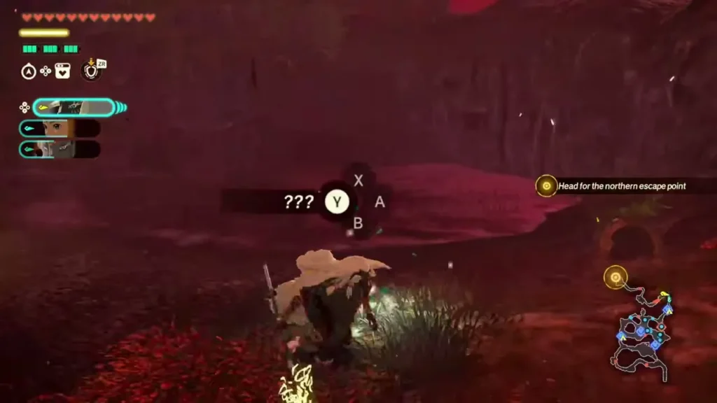 Zelda reaches a glowing spot beside a shallow pond and the Interact prompt appears