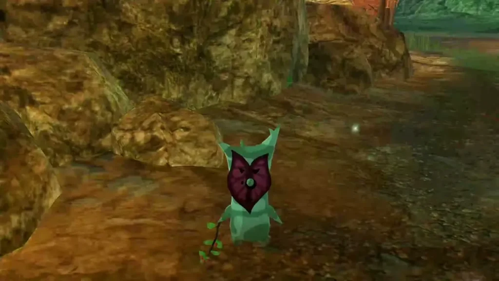 A Korok stands among the boulders after the glowing spot is touched