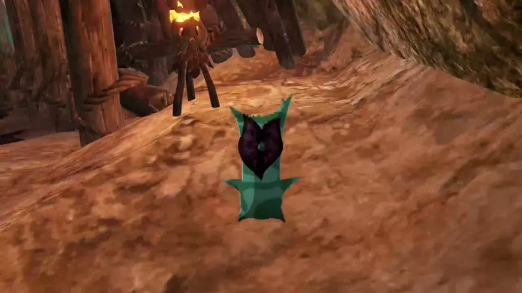 A Korok stands on the dirt at the outpost gate where the yellow flower grew