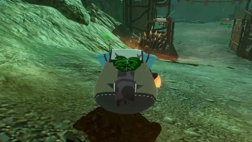 A Korok with a backpack stands at the northern outpost after the yellow flower is touched