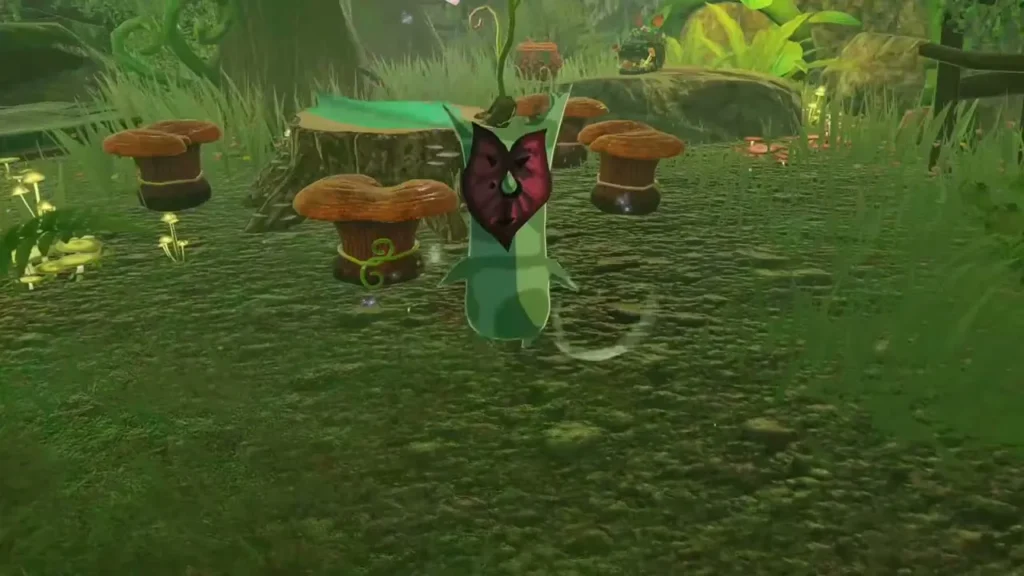 A Korok stands by the tree-stump table and mushroom chairs in the Korok grove
