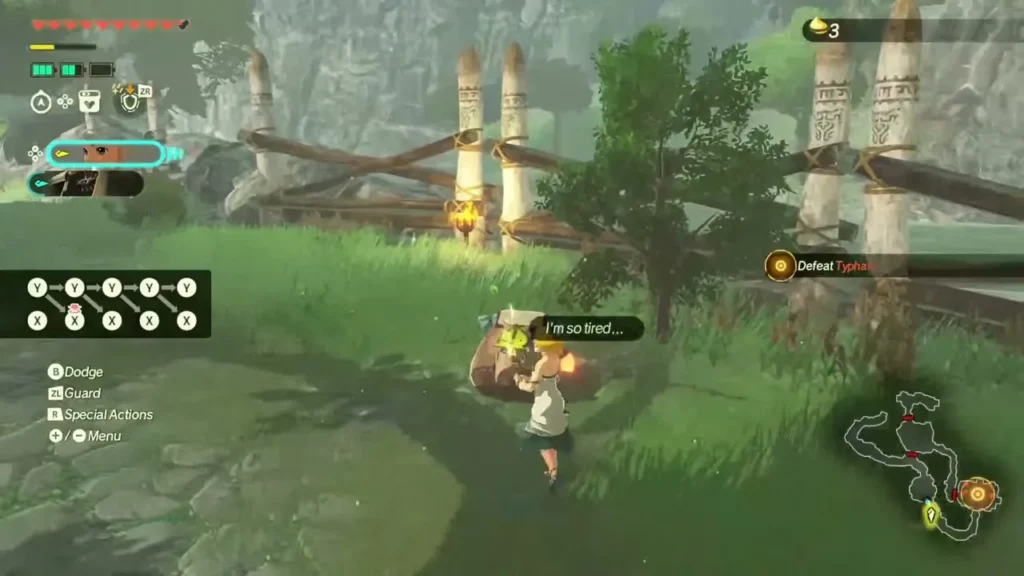A Korok with a backpack stands beside the wooden fence after the first seed
