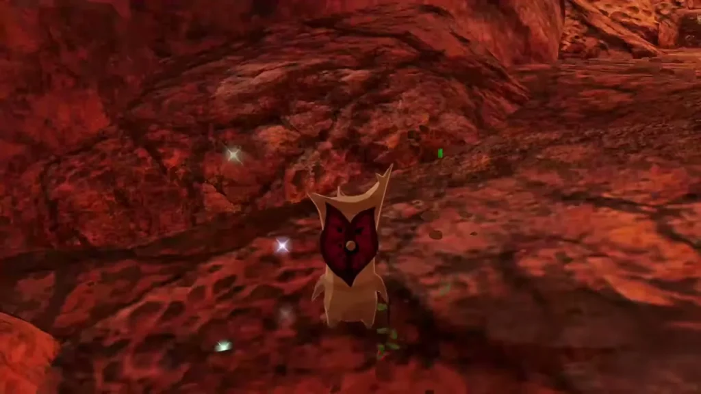 A Korok with a red heart face stands on the rocks on the south road
