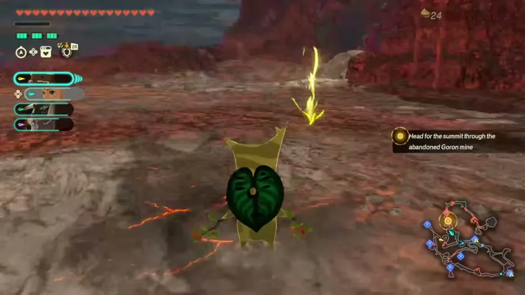 A Korok with a leaf face stands on the lava ground beside the hot springs