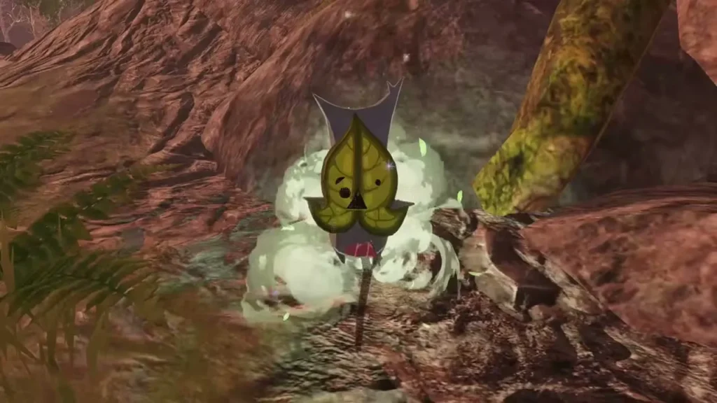 A Korok pops out of a puff of leaves where the pinwheel stood