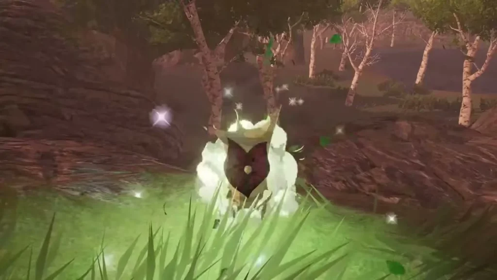 A Korok bursts from the grass in a sparkle of leaves in a birch grove
