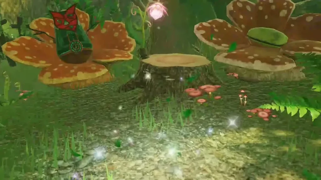 Flower-shaped chairs around a stump in the Korok grove where Koroks gather