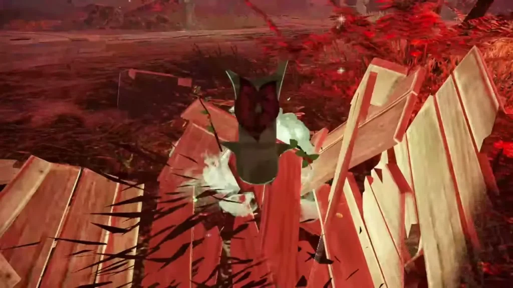 A Korok peeks out from the splintered boards of a smashed crate