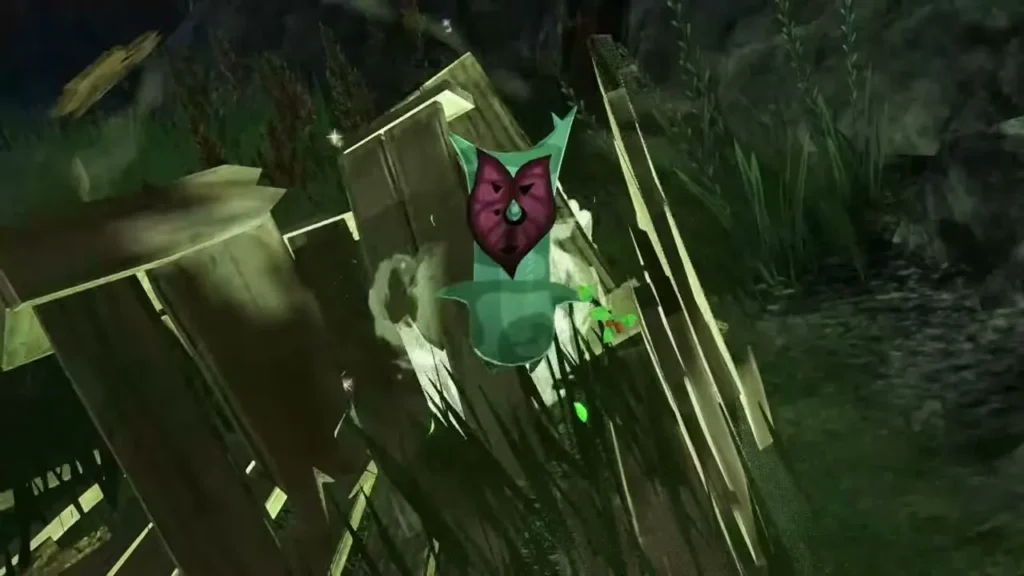 A Korok peeks out through the splintered planks of the smashed crate