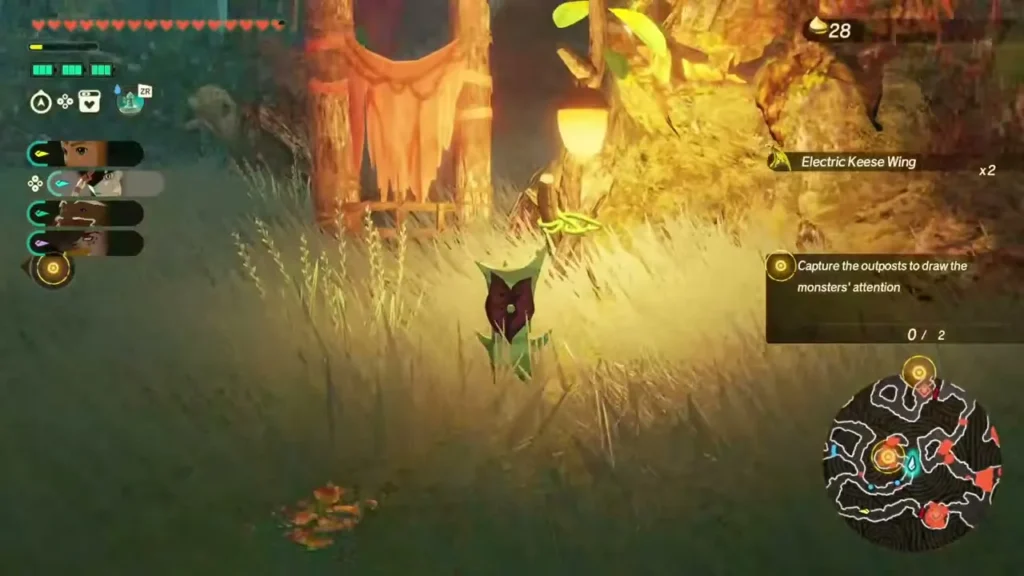 A Korok stands in tall golden grass beside the first outpost gate