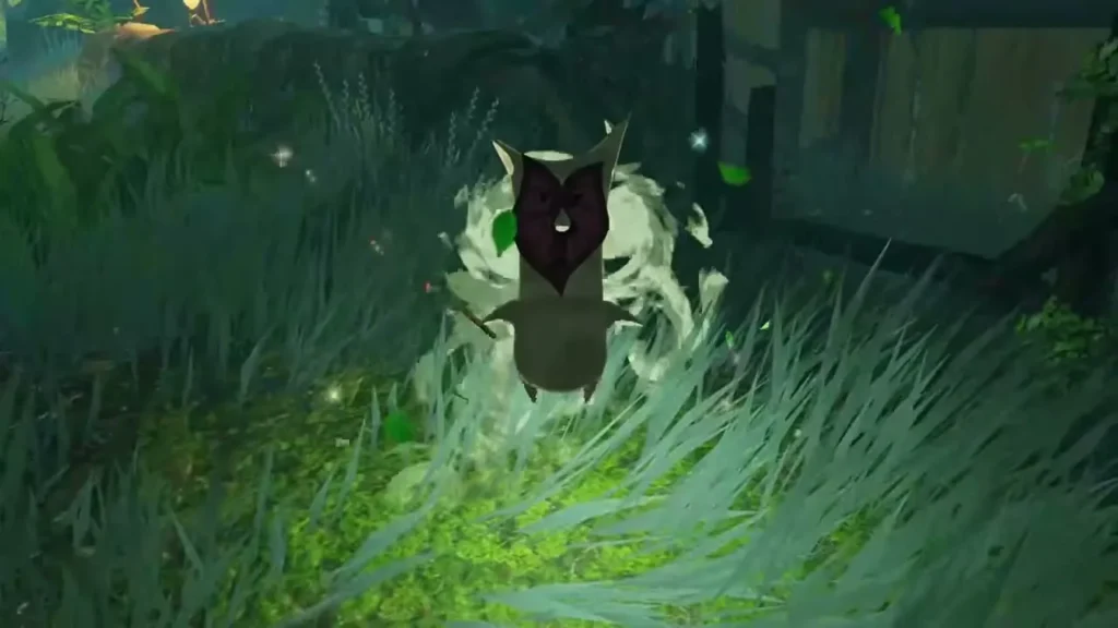 A Korok bursts out of a swirl of grass east of the Electric Moblin outpost