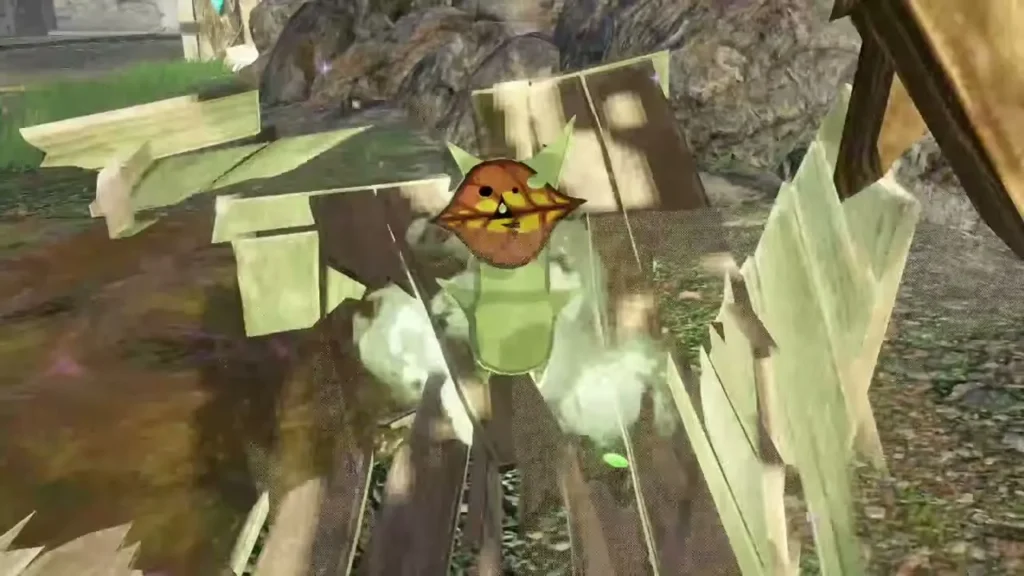 A Korok pops out of a smashed wooden crate on the road