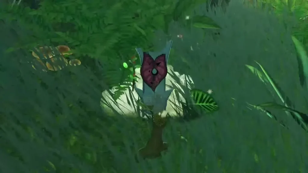 A Korok sits on a glowing patch of grass near the hidden passage