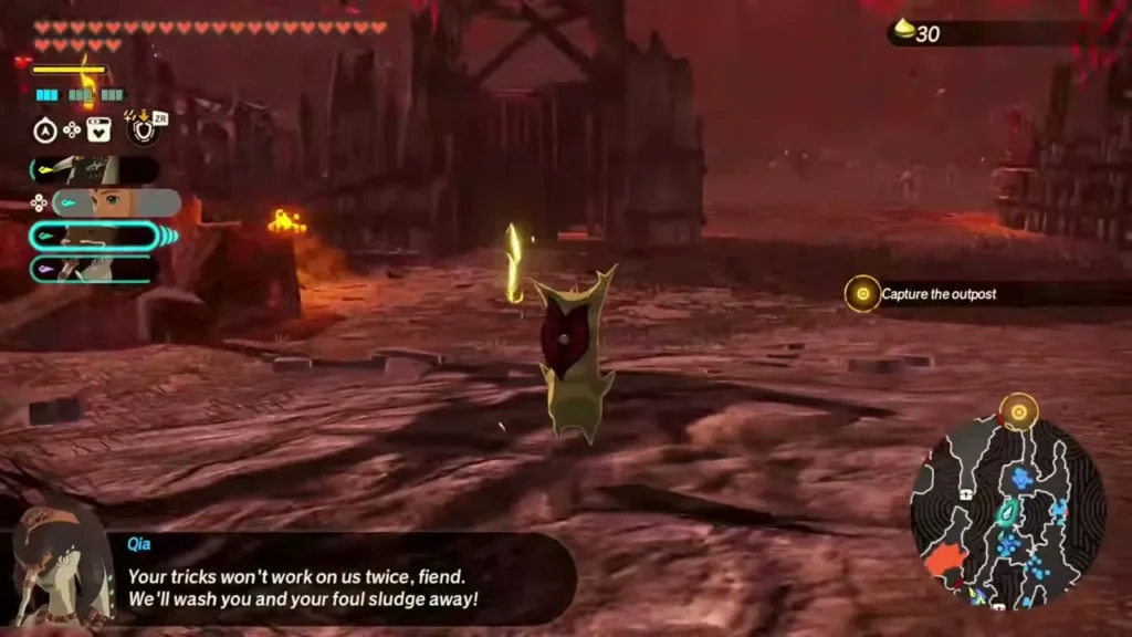 A Korok appears on the sludge-covered road while Qia promises to wash the sludge away