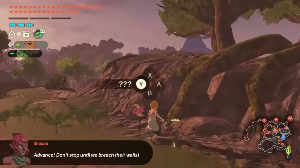 Zelda reaches a pink pinwheel at the foot of a tree and the Interact prompt appears