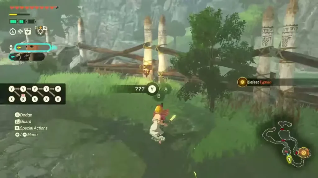 Zelda reaches the spot beside a wooden fence and a tree and the Interact prompt appears